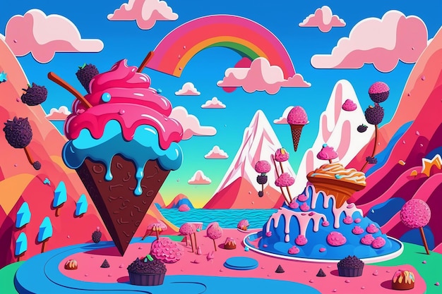 An illustration of a giant ice cream cone with a rainbow on it.