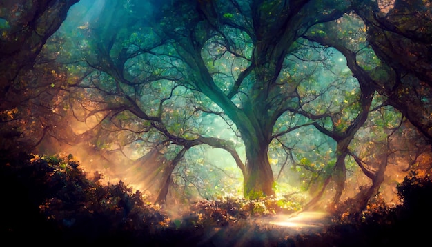 Illustration of giant tree in the forest with sunlight rays