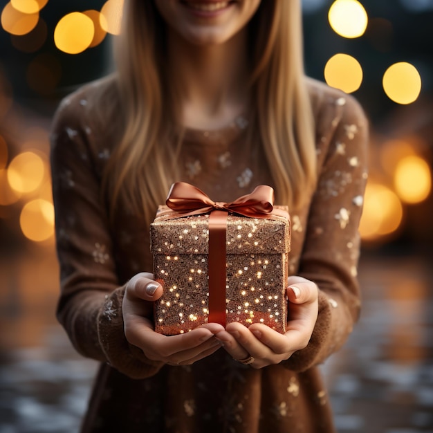 Illustration of a gift box in hand with a Christmas background AI Generated