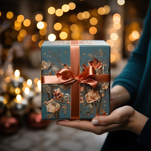 Illustration of a gift box in hand with a Christmas background AI Generated