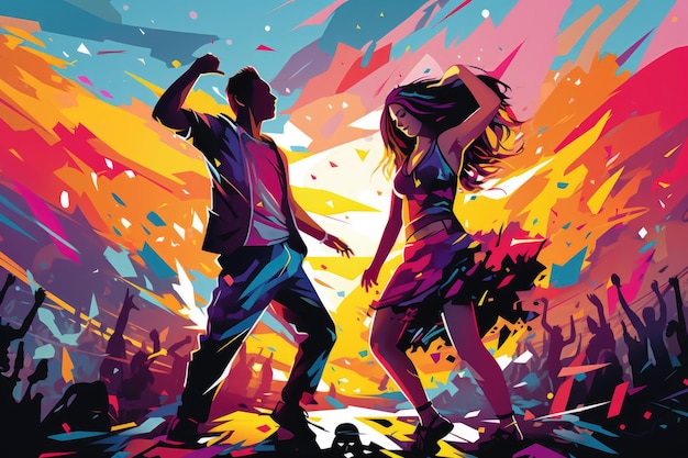 Illustration of girl and boy dancing at a rave neon party