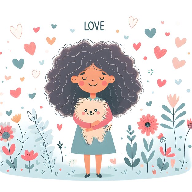 illustration of a girl happy with curly hair holding a cute dog