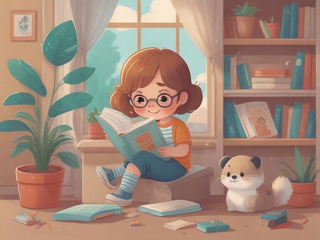 Illustration of a girl is reading a book with a dog in the room