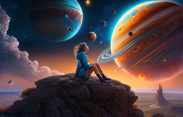 illustration of a girl looking at outer space with several planets