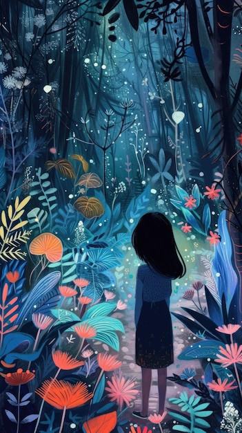 Illustration of a girl standing in a forest looking at a butterfly