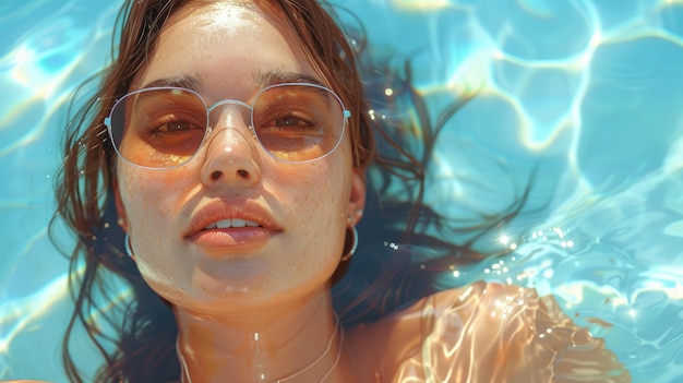 Illustration of a girl in summer on vacation swimming sunbathing and drinking juice