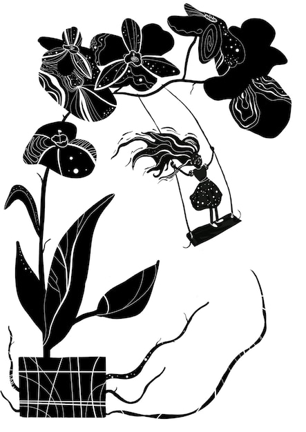 Illustration Girl swinging on an orchid isolated