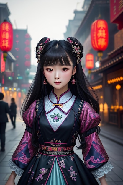 Illustration of girl in traditional clothes on the street Generative AI