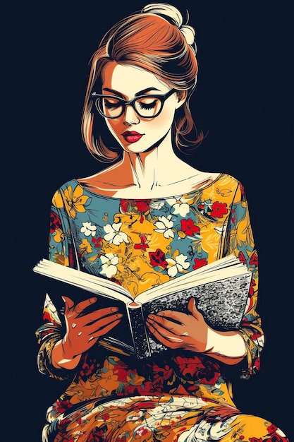 illustration a girl who is reading a sitting book