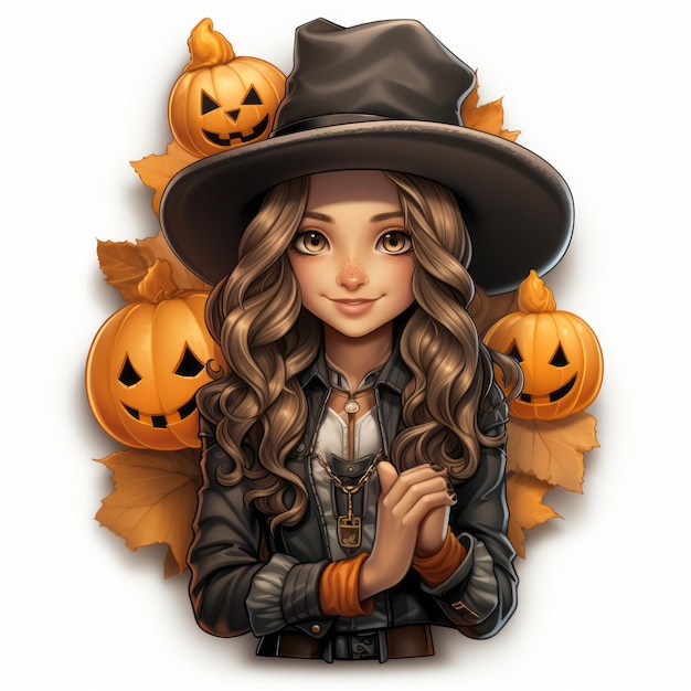 an illustration of a girl in a witch hat surrounded by pumpkins