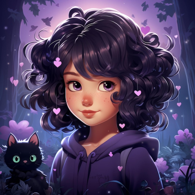 an illustration of a girl with black hair and a black cat