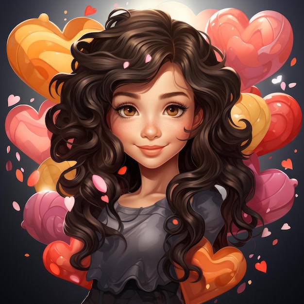 an illustration of a girl with curly hair surrounded by hearts