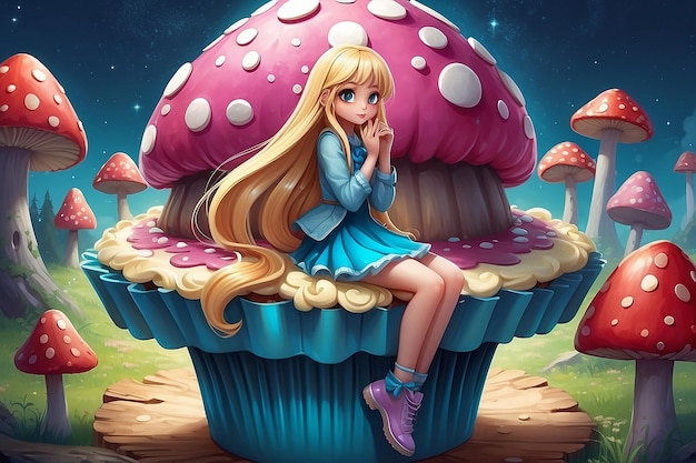 Illustration of a girl with long blond hair sitting in a thinking pose on a huge cupcake resembling