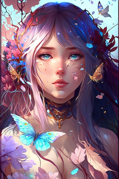 Illustration of a girl with long hair blue eyes and surrounded by colorful butterflies