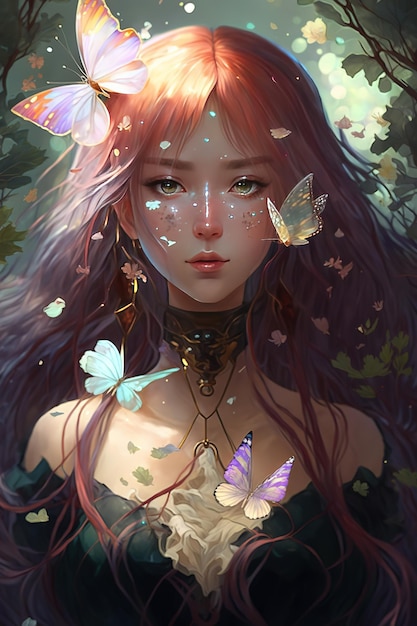 Illustration of a girl with long hair blue eyes and surrounded by colorful butterflies