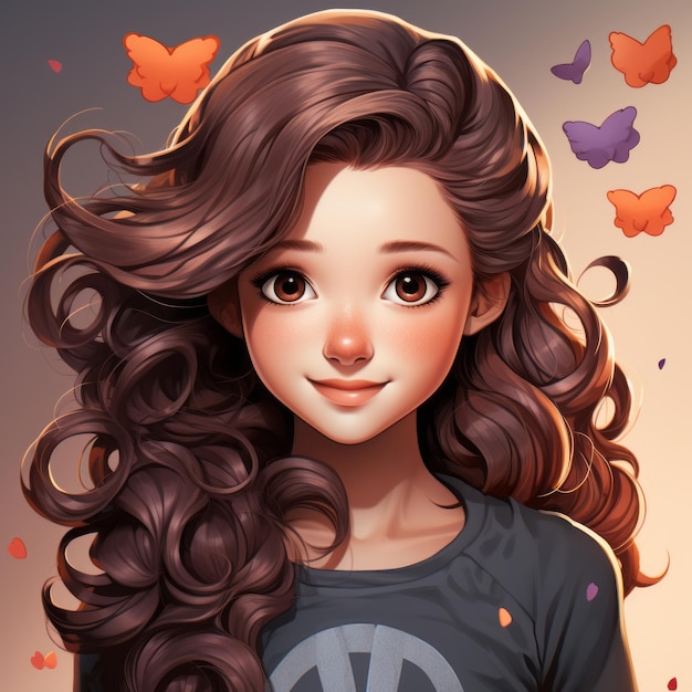 an illustration of a girl with long hair and butterflies