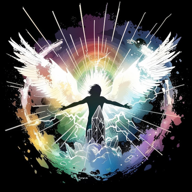 Photo illustration of a girl with wings on a background of a rainbow