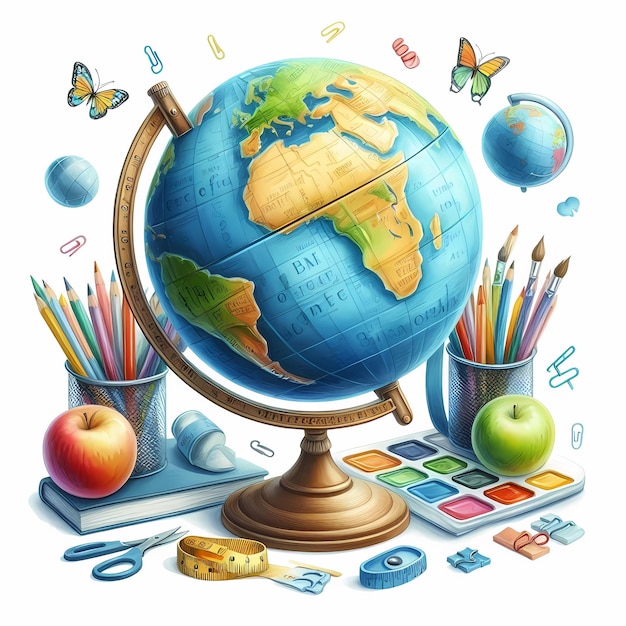 Illustration of globe and school supplies