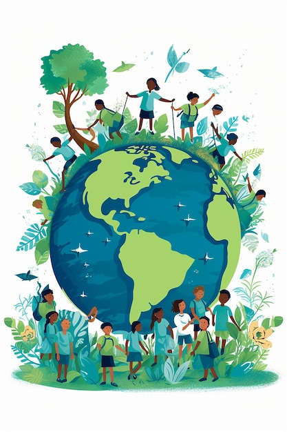 illustration of a globe surrounded by diverse children holding plants and educational tools