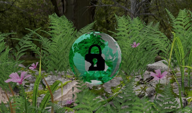 Illustration of a globe with a padlock icon with a theme in a cool and green dense forest