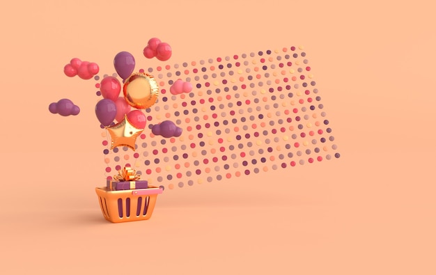 Illustration of glossy colorful balloons shopping basket present box clouds confetti background