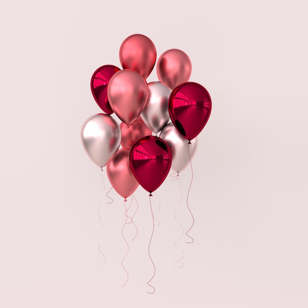 Illustration of glossy pink red and rose golden balloons on pastel colored background