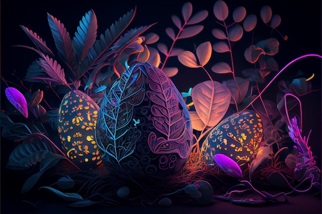 Illustration of glow neon eggs in tropics rain forest AI