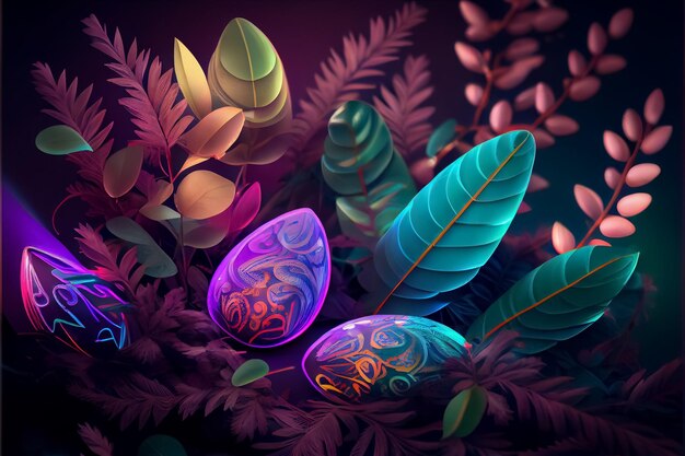 Illustration of glow neon eggs in tropics rain forest AI