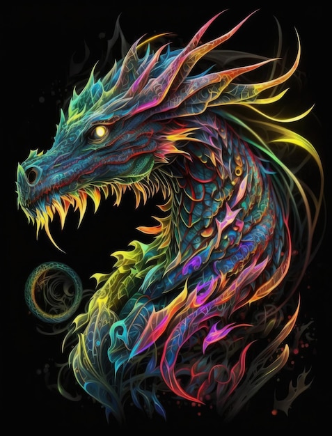 an illustration glowing dragon with intricate details and a dark abstract neon design of a colorful abstract background