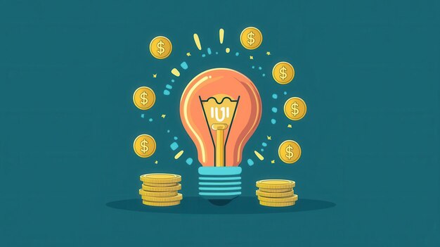 Photo illustration of a glowing light bulb surrounded by coins symbolizing innovation creativity and financial growth