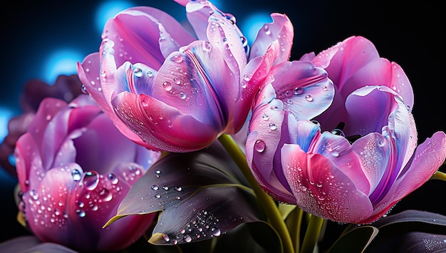 Illustration of glowing light purple transparent tulips AI Generated