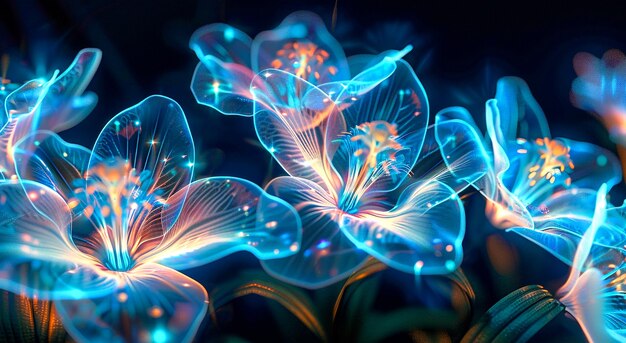 Photo illustration of glowing neon flowers on black background