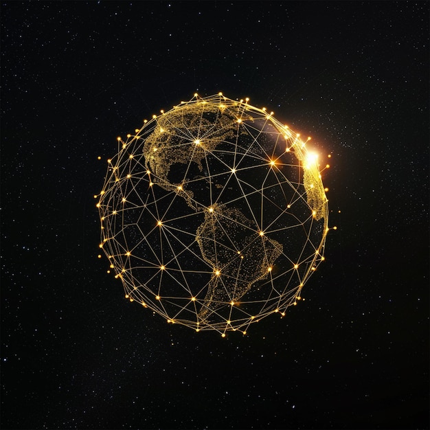 illustration of glowing planet with yellow network connecting cities on black background