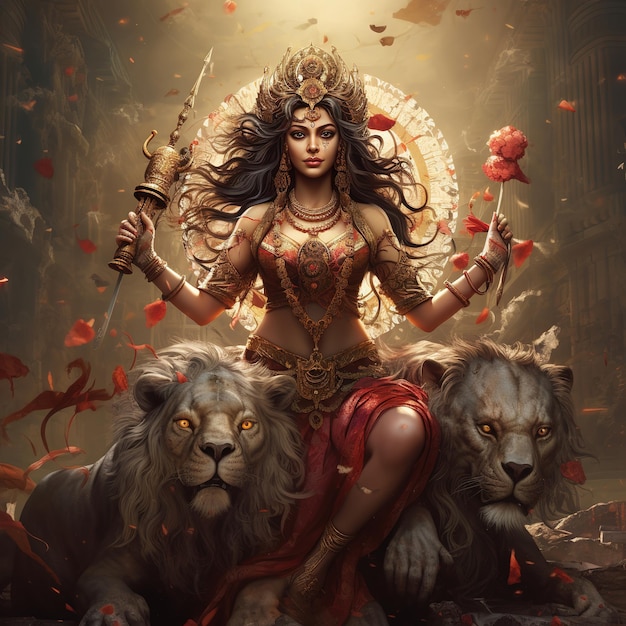 Illustration of Goddess Durga for Happy Durga Puja or Subh Navratri Generative Ai