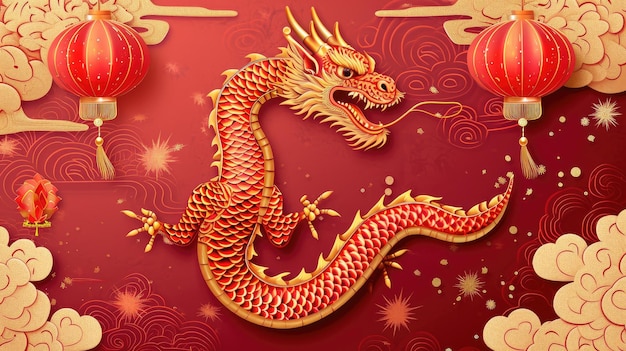 Illustration of a golden Chinese dragon with Lampion latern flowers on a red background