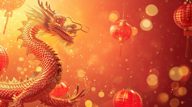 Illustration of a golden Chinese dragon with Lampion latern flowers on a red background