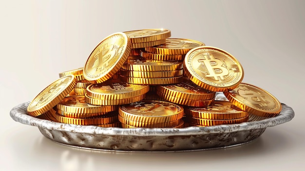 Illustration of golden coins on a silver platter against a white backdrop