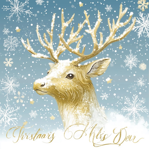 illustration of a golden reindeer with elegant antlers set against a snowy background