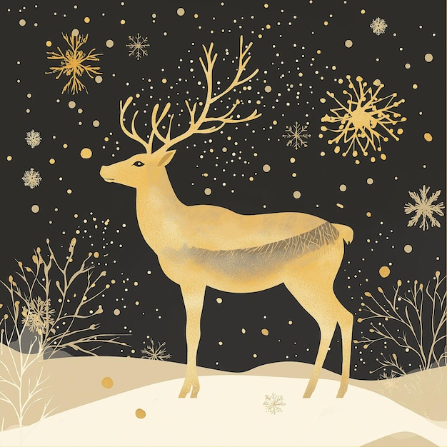 illustration of a golden reindeer with elegant antlers set against a snowy background