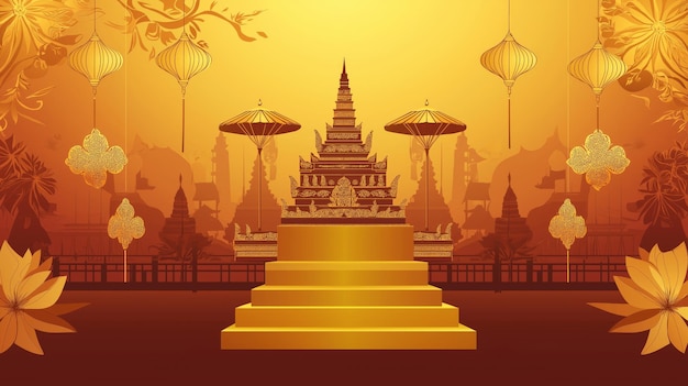 Photo illustration of a golden temple with ornate decorations lanterns and lotus flowers creating a serene