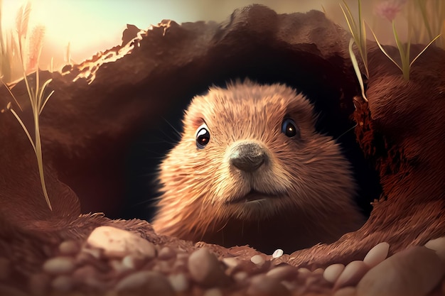 Illustration of gopher emerging from the burrow in springtime AI