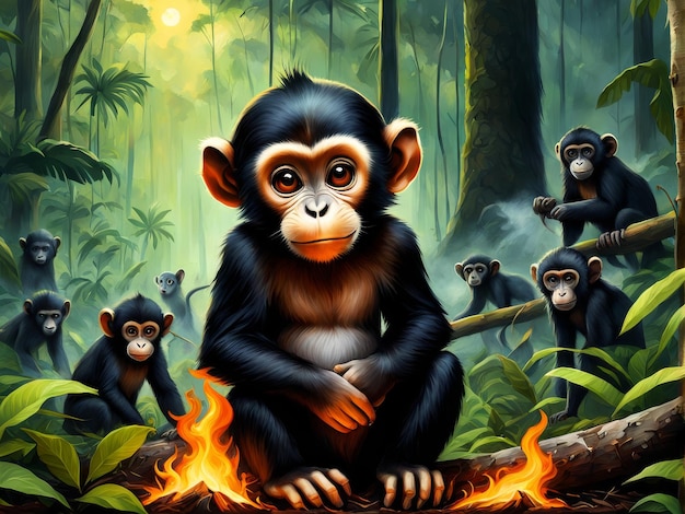 illustration of a gorilla sitting in a forest with a fire illustration of a gorilla sitting in