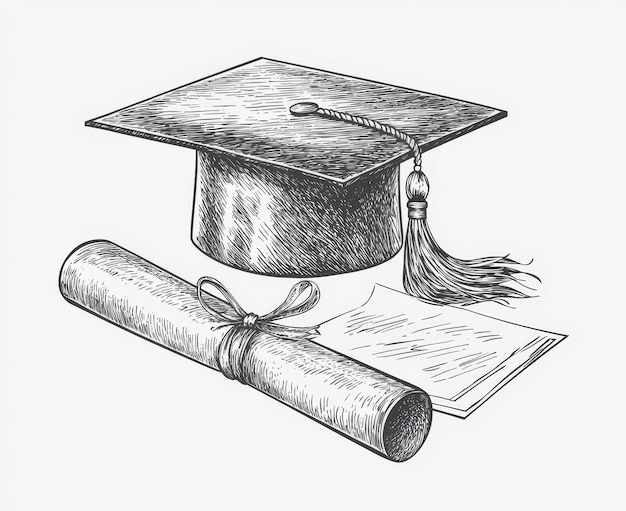 Photo illustration of graduation cap with tassel and rolled diploma mortarboard and degree rolled up