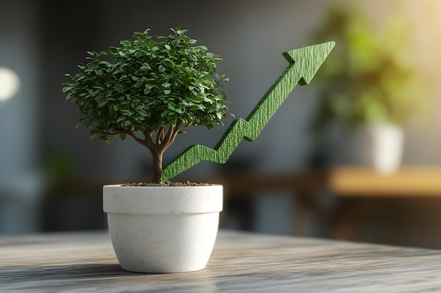 Photo illustration of a green arrow pointing upwards on a wall representing growth and success for various