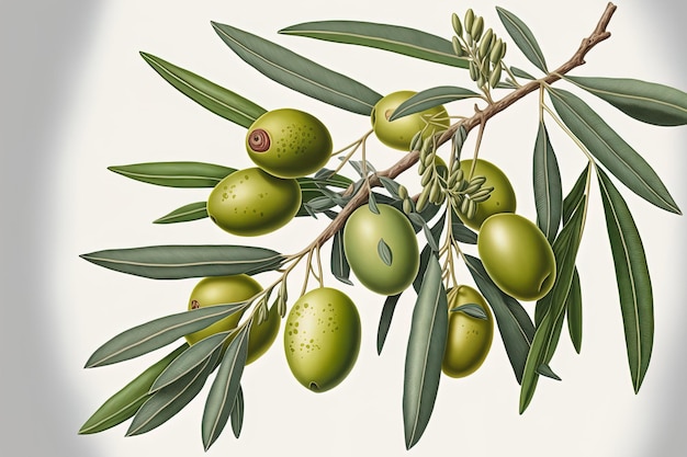 Illustration of green olives on a branch in great detail