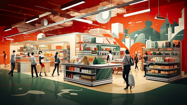 Illustration of a grocery store full of products and shoppers