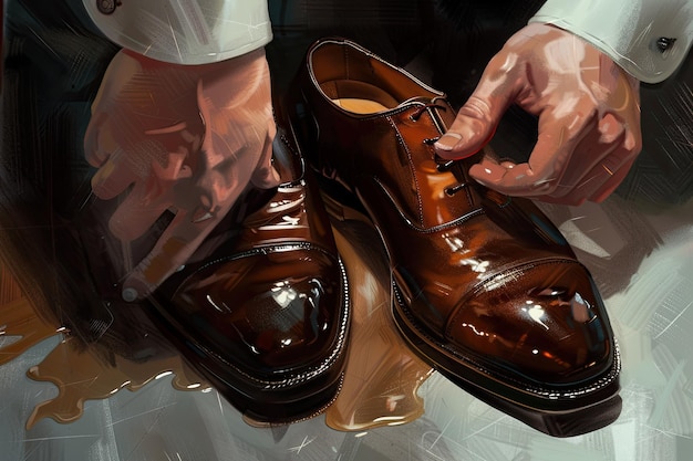 illustration of The grooms wedding shoes being shined to a glossy