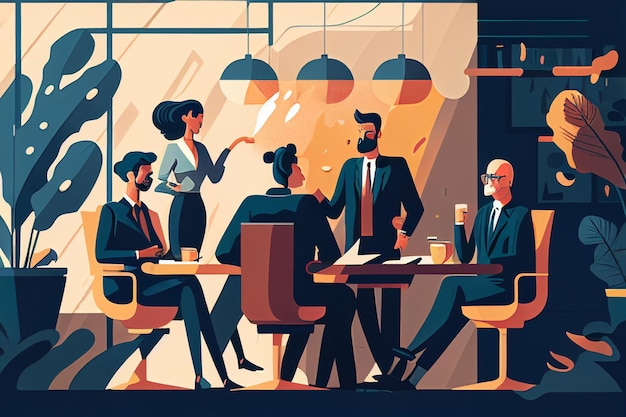 Illustration of a group business people in cafe generative ai