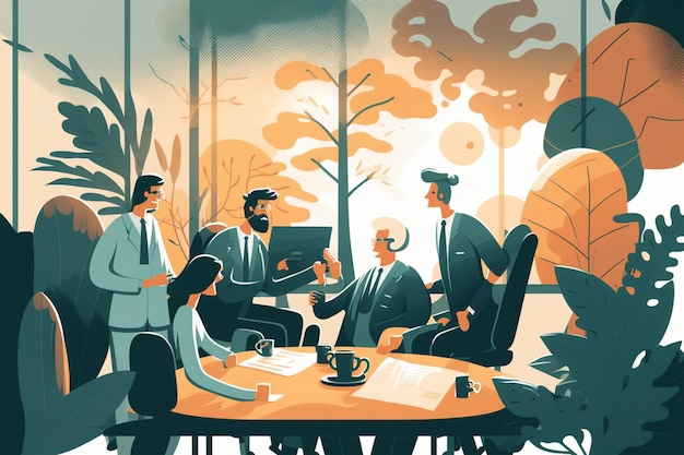 Illustration of a group business people meeting in conference room generative ai