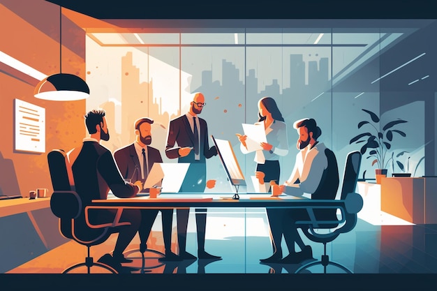 Illustration of a group business people in meeting room generative ai